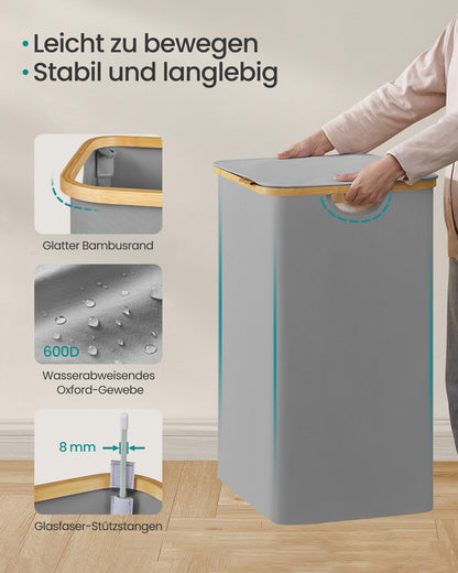 SONGMICS Wäschekorb mit Deckel, 4 Fächer, 200 L, faltbar, taubengrau
