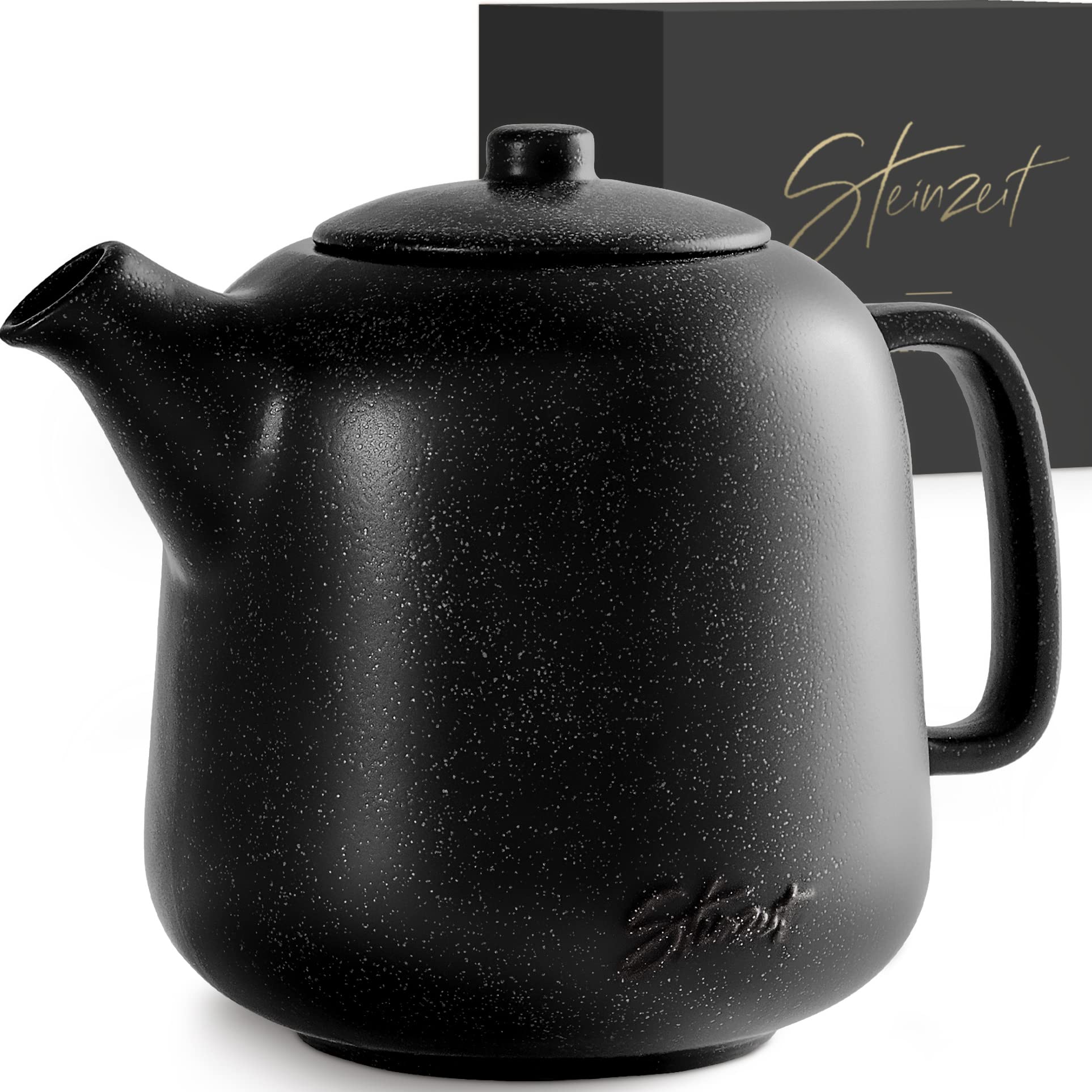 STEINZEIT Design Teekanne Keramik 1,3 L mit Edelstahlsieb, schwarz – mattschwarze Reaktivglasur
