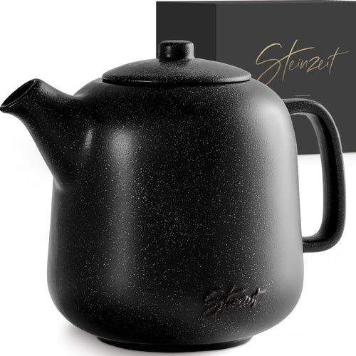 STEINZEIT Design Teekanne Keramik 1,3 L mit Edelstahlsieb, schwarz – mattschwarze Reaktivglasur