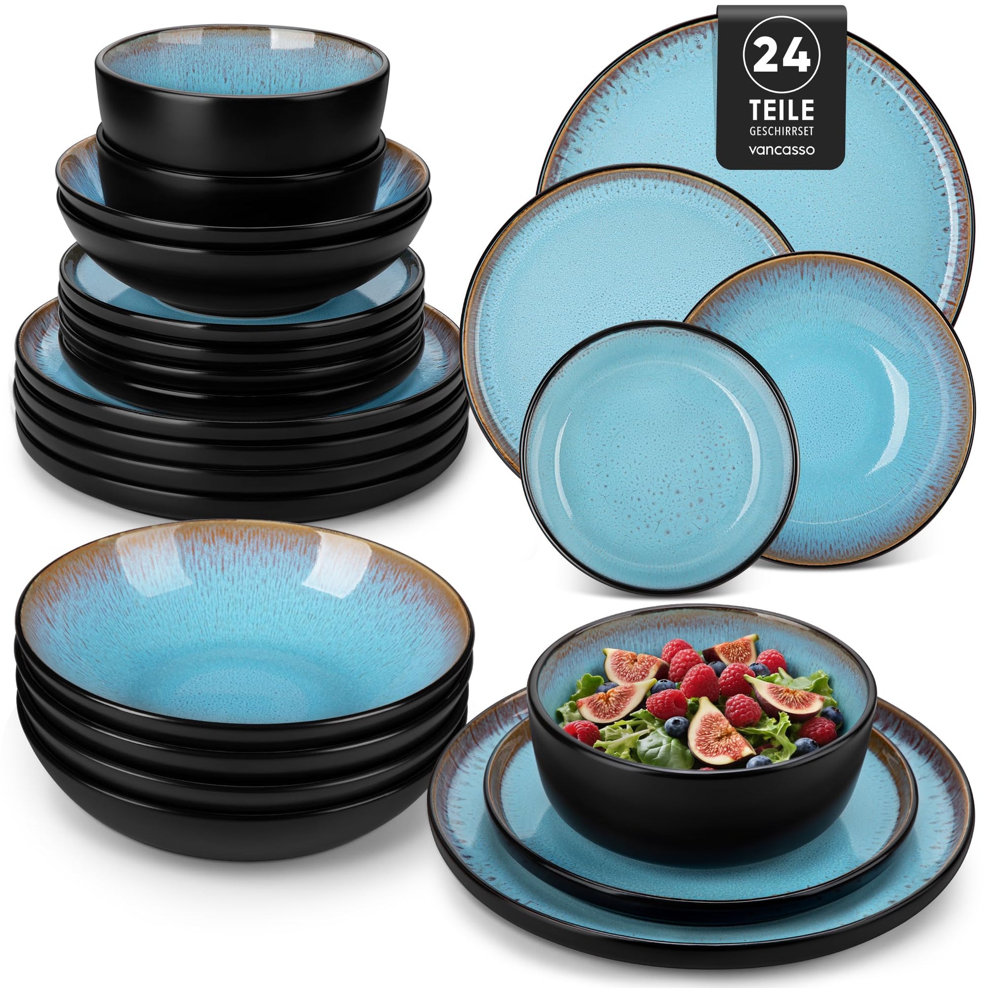 vancasso AMBER Geschirrset 24-teilig, Steingut, 6 Personen, Seeblau, Teller und Schüsseln mit reaktiver Glasur