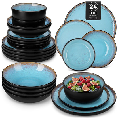 vancasso AMBER Geschirrset 24-teilig, Steingut, 6 Personen, Seeblau, Teller und Schüsseln mit reaktiver Glasur
