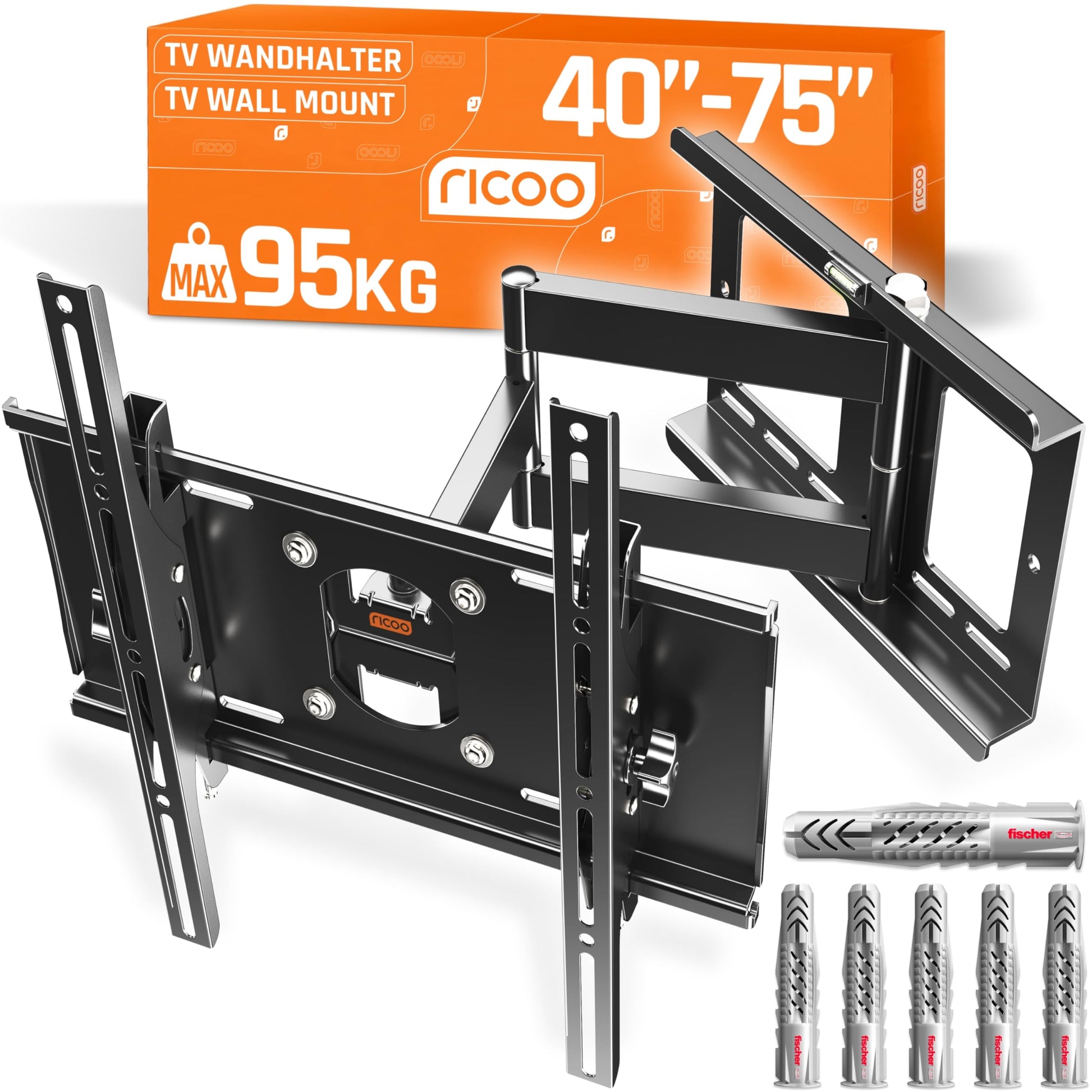 RICOO R23-F TV Wandhalterung schwenkbar neigbar 40-75 Zoll bis 95 kg, für Flach- und Curved-Bildschirme