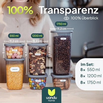 uandu Vorratsdosen Set 24-teilig, luftdicht, BPA-frei mit Etiketten