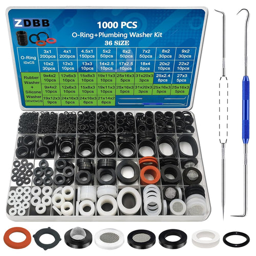 ZDBB O-Ring Sortiment 1000-teilig, 18 Grössen, mit Unterlegscheiben – Dichtungsset aus Gummi und Silikon mit Edelstahlsieb
