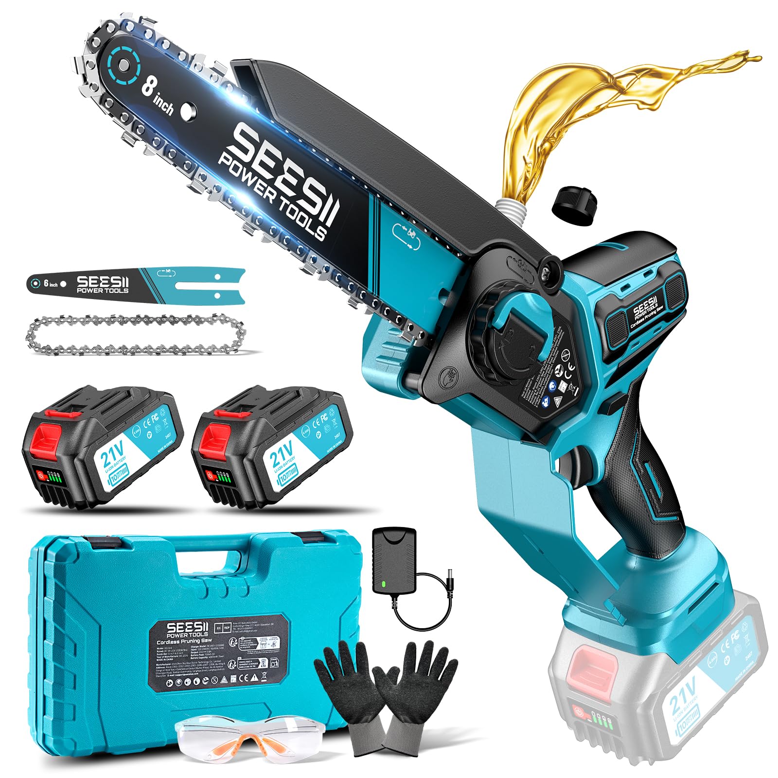 SEESII M8 Ace Mini Akku-Kettensäge 6 & 8 Zoll, 1000 W Brushless mit zwei Akkus
