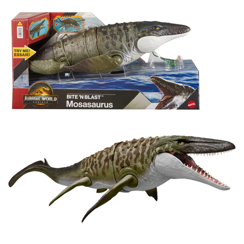 Mattel Jurassic World Mosasaurus Actionfigur mit Mini-Dilophosaurus, bewegliches Maul und Flossen