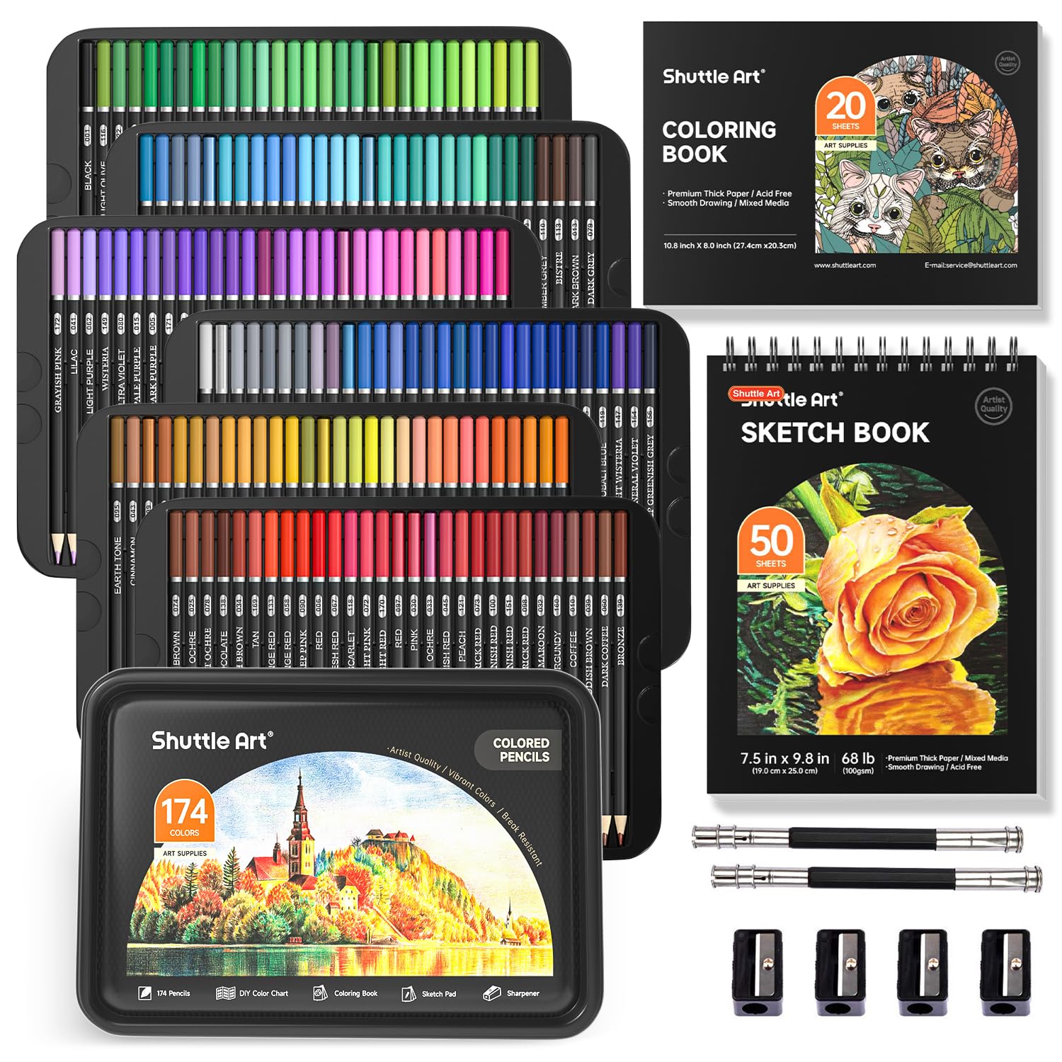 Shuttle Art Buntstifte Set 174 Farben mit Malbuch und Zubehör, Farbstifte in Eisenbox