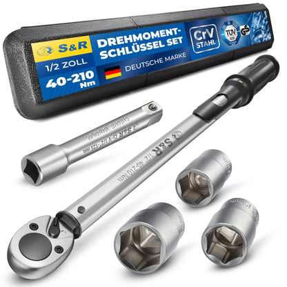 S&R Drehmomentschlüssel Set 40-210 Nm - 1/2 Zoll Antrieb. Metallisch, schwarzer Griff, ratschender Kopf. Für präzises Anziehen von Schrauben.
