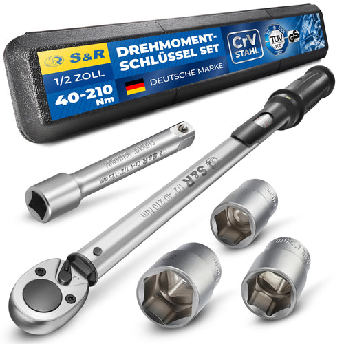 S&R Drehmomentschlüssel Set 40-210 Nm - 1/2 Zoll Antrieb. Metallisch, schwarzer Griff, ratschender Kopf. Für präzises Anziehen von Schrauben.