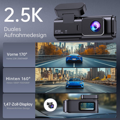 Premium Dashcam Vorne+Hinten Autokamera - 2.5K/1080p WiFi 32GB