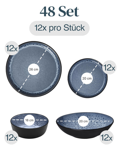 Pure Living Ibiza Steingut Geschirrset 12 Pers. 48tlg. - Rauchblau