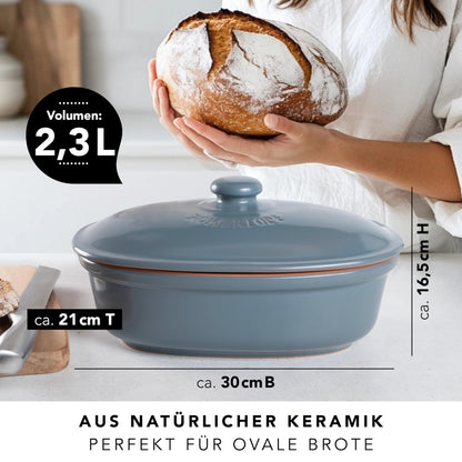 Römertopf Brottopf aus Keramik - 30x21cm blau-grau