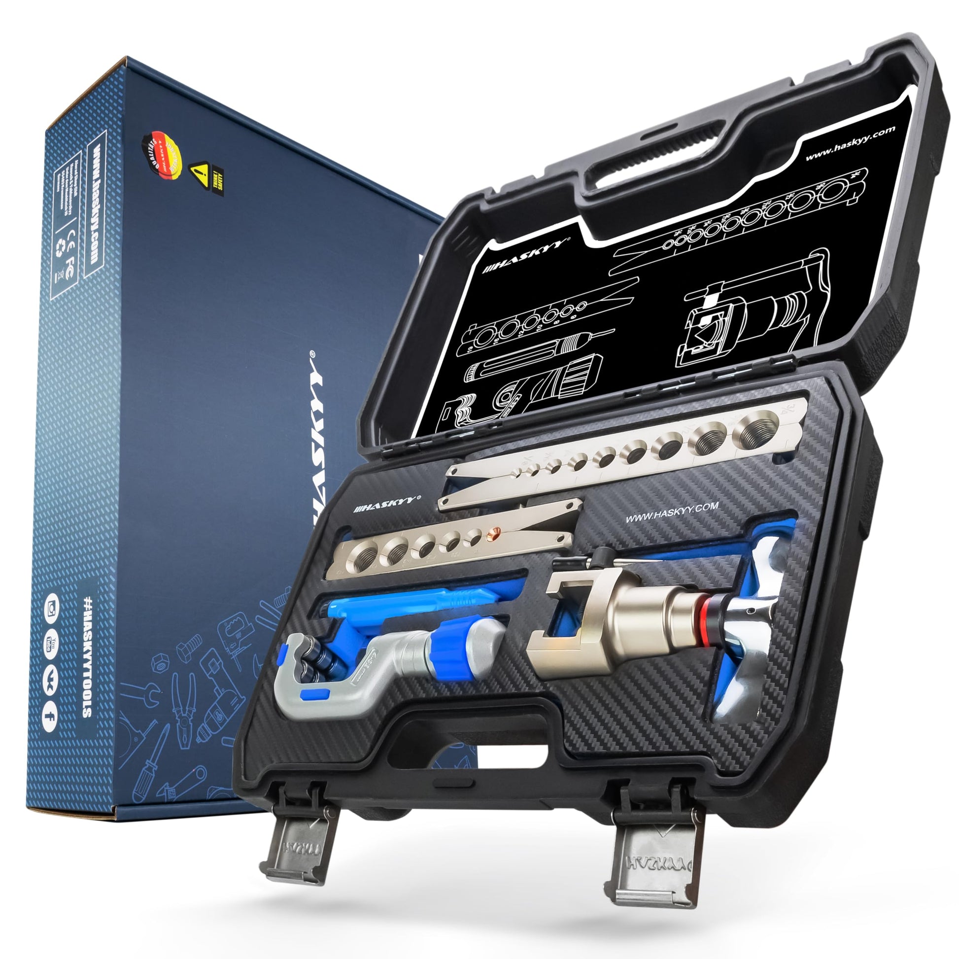 HASKYY Bördelwerkzeug Taumelbördelgerät 5-19mm – inkl. Rohrabschneider. Kompaktes Metallgerät. Erzeugt konische Bördel für dichte Rohrverbindungen.