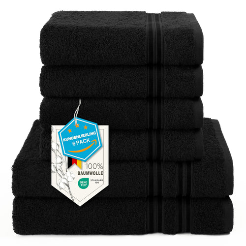 Hammetex Handtuch Set 6-teilig, 100% Baumwolle Frottier, Schwarz – mit Aufhängeschlaufe, für Bad und Sauna