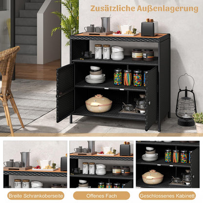 COSTWAY Gartenschrank Rattan mit Akazienholz-Arbeitsplatte, Schwarz