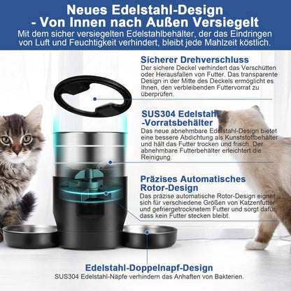 Automatischer Futterautomat Katze 5L – WiFi Edelstahl, 2 Näpfe