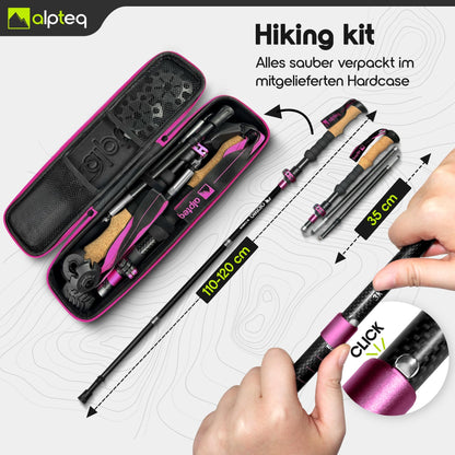 Alpteq Wanderstöcke faltbar Carbon Korkgriff Hot Pink 100-120cm