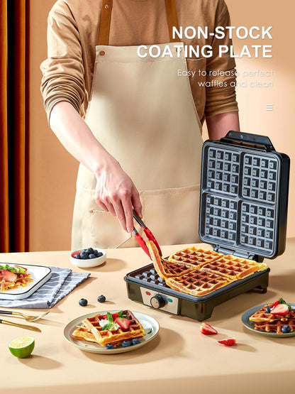Reemix Waffeleisen für 4 belgische Waffeln, 1200 W, Edelstahl