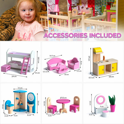 Kinderplay Puppenhaus Holz Villa 3 Etagen – Gross LED 90cm