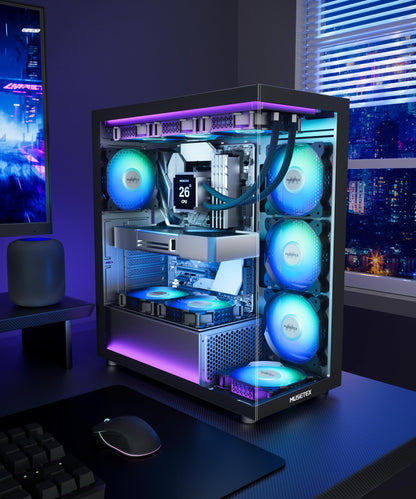 MUSETEX K2 PC Gehäuse ATX Mid Tower, 7 PWM ARGB-Lüfter, Schwarz