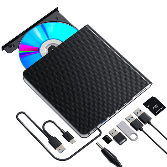 Externes Blu-ray Laufwerk – USB 3.0/Typ-C Recorder tragbar. Rechteckig, schwarz. Liest/schreibt BD/DVD/CD für Notebooks.