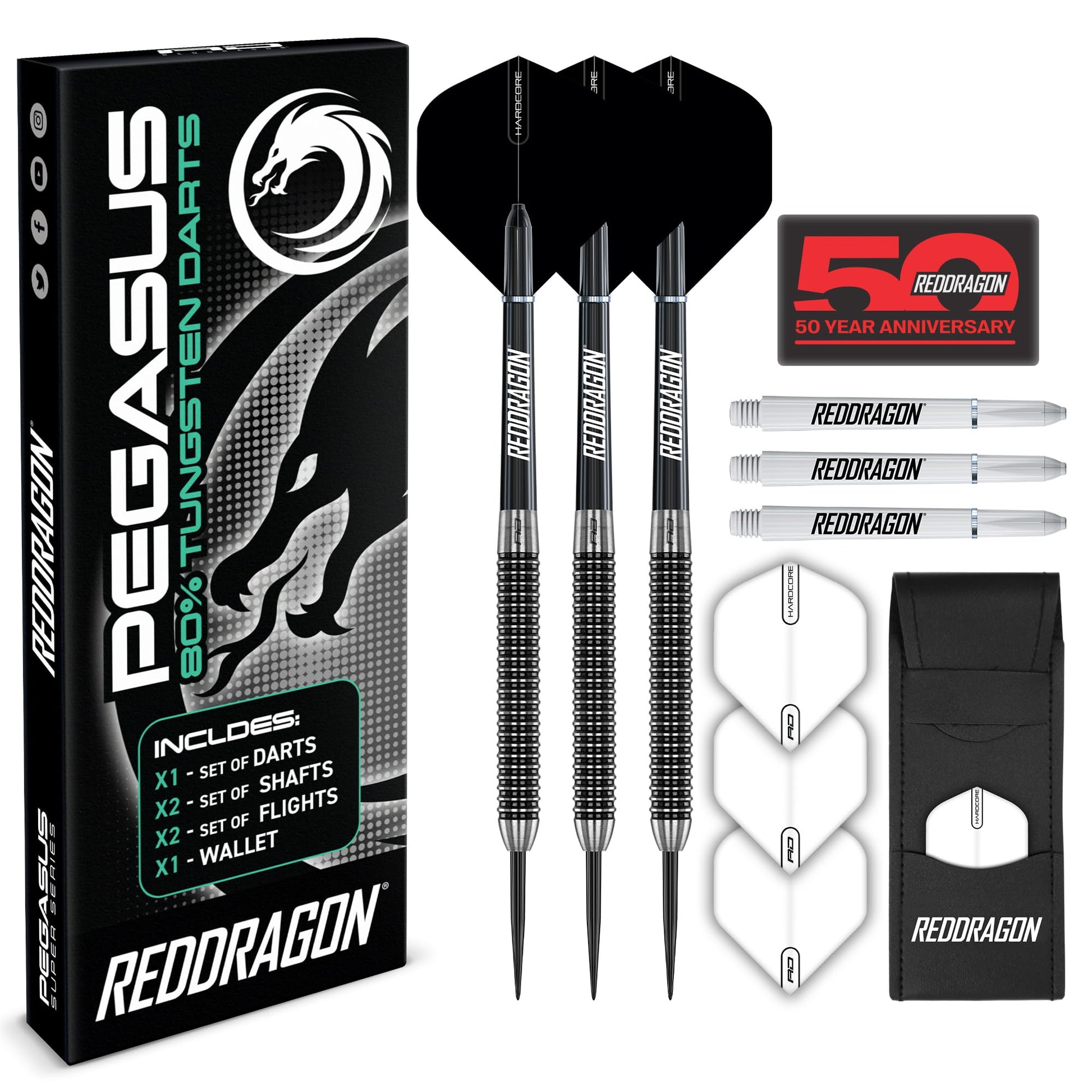 RED DRAGON Pegasus Steeldarts 21g, 80% Tungsten Dartpfeile mit Etui, schwarz-weisse Schäfte und Hardcore-Flights