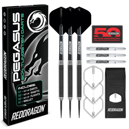 Red Dragon Pegasus Steeldarts 80% Tungsten 25 g mit Etui, schwarz-weisse Flights und Schäfte