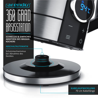 Arendo Wasserkocher Temperaturwahl - Edelstahl 1.7L