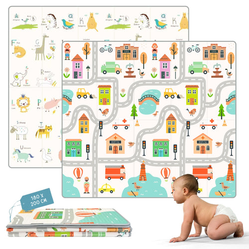HuBorns Krabbelmatte Baby faltbar, 200x180 cm, wendbar, Stadt XL – gepolsterte Spielmatte zum Krabbeln