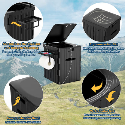 WADEO Faltbare Campingtoilette 38L mit Papier- und Handyhalter
