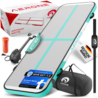 AERONE Airtrack Turnmatte aufblasbar für Gymnastik 4m - Mint. Mintfarbene, rechteckige Matte, aufblasbar für federnde Gymnastik.
