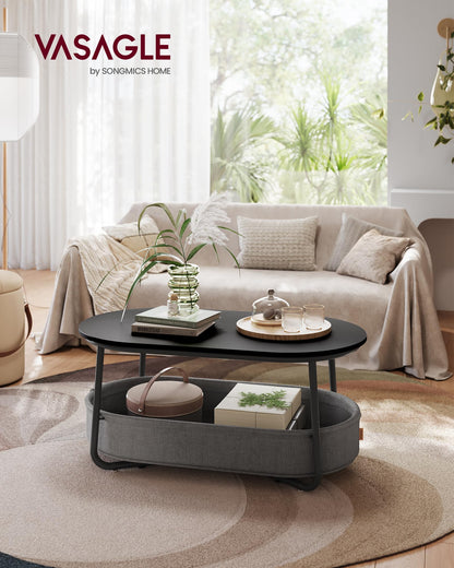 VASAGLE Couchtisch LCT222B56 oval mit Korb – tintenschwarz