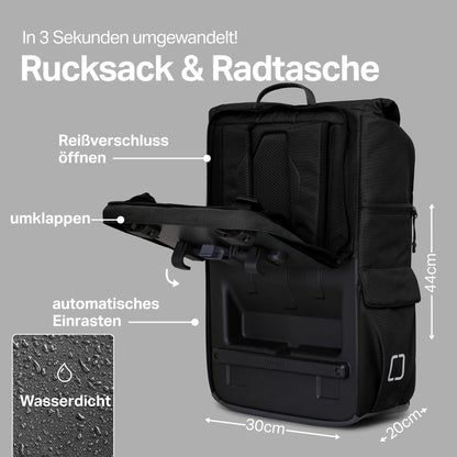 otinga® Flip V3 Fahrradtasche Rucksack [34L Volumen] für jeden Gepäckträger I Stylische Gepäckträgertasche mit Rucksack - in 3 Sekunden umgebaut I Wasserdichter Fahrradrucksack Gepäckträger