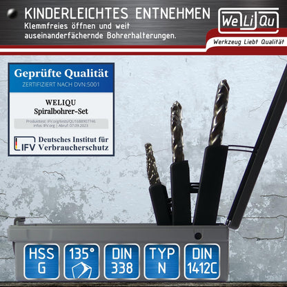 WELIQU Metallbohrer-Set HSS-G M2 Spiralbohrer, 25-teilig, 1-13 mm