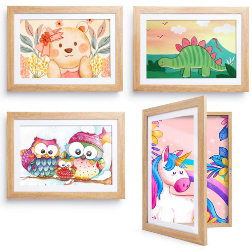 Kromapolis Bilderrahmen für Kinderkunst A4, 4er-Set, MDF, Holzmaserung, bruchsicheres Acrylglas