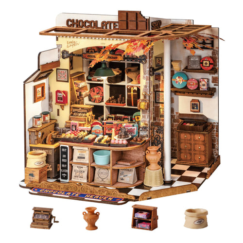 Rolife Miniatur Haus Henrys Schokoladenladen, 330-teiliger Holzbausatz mit Papierdekoration und Beleuchtung