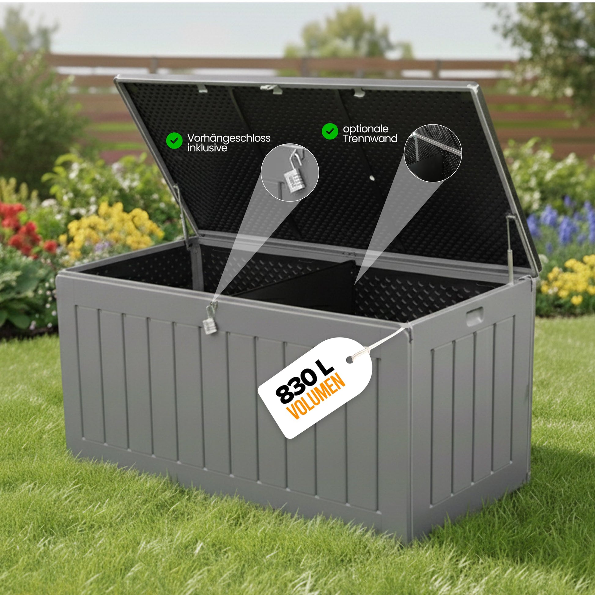 Olsen & Smith Aufbewahrungsbox XXL 830 L mit Deckel, wasserdicht, Gartenbox in Anthrazit für Kissen und Auflagen