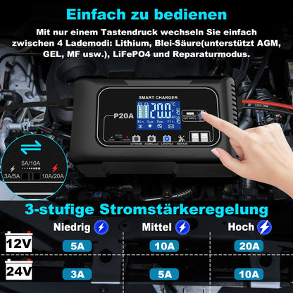 HTRC P20A Autobatterie Ladegerät 12V/24V für LiFePO4 & Blei-Säure