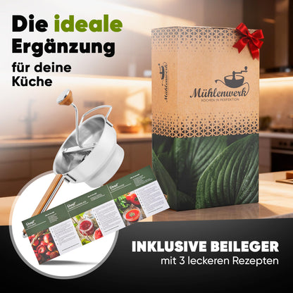 Mühlenwerk Passiermühle Edelstahl, Eichenholz-Griff, 3 Siebe, 2,3 L