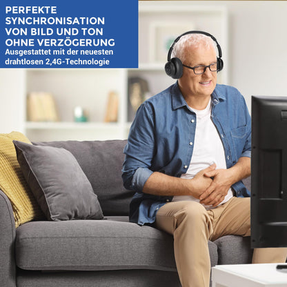 ZUPVIY Kabellose TV-Kopfhörer für Senioren – Hohe Lautstärke, Kein Audio-Verzögerung (Plug & Play) – Kompatibel mit Optisch/AUX/RCA/USB – Inkl. Senioren-Ladestation, Schwarz