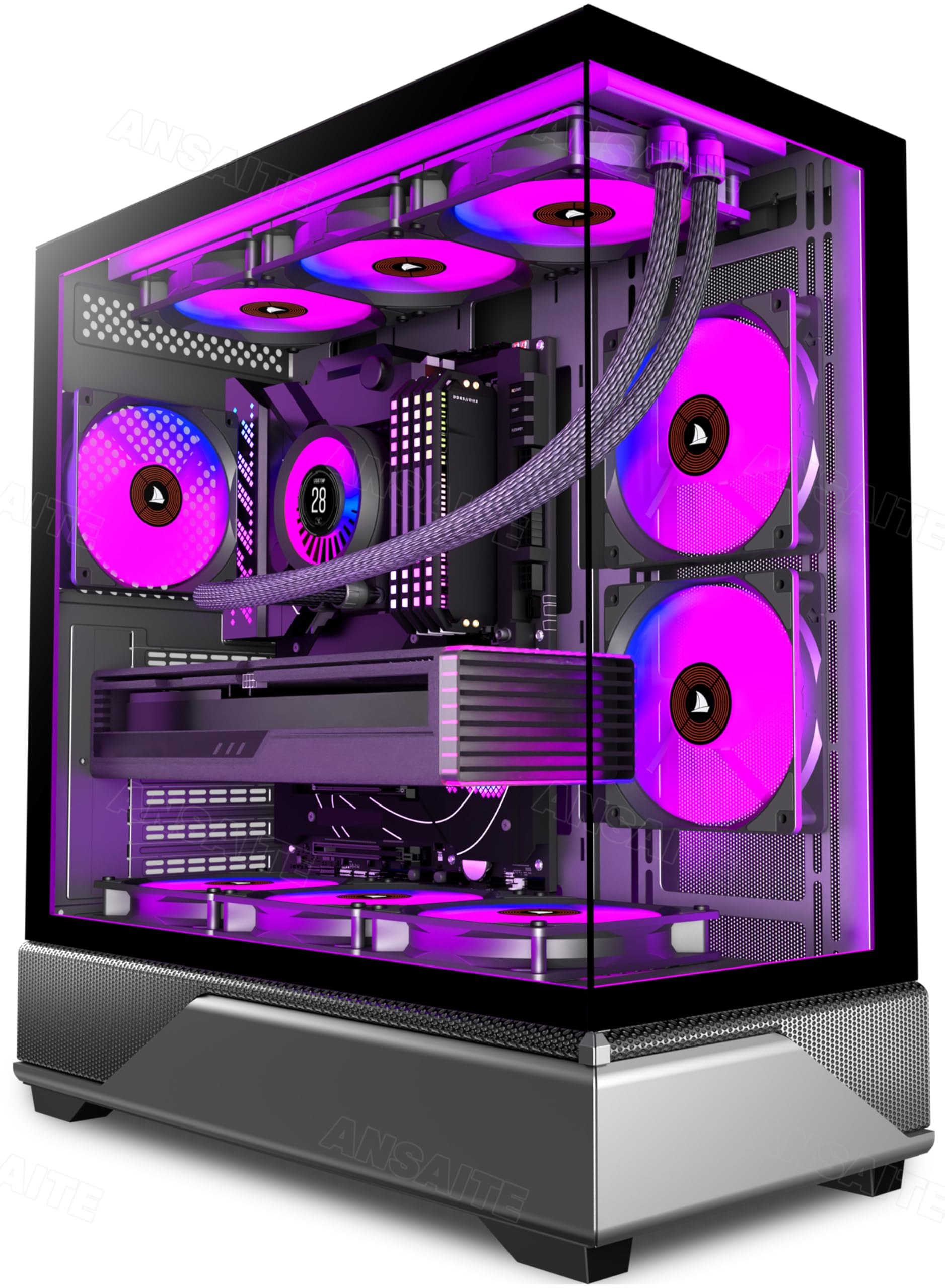 ANSAITE H-D9 ATX Mid-Tower PC-Gehäuse mit 6 ARGB PWM-Lüftern, schwarz, 270°-Panorama-Glasfront