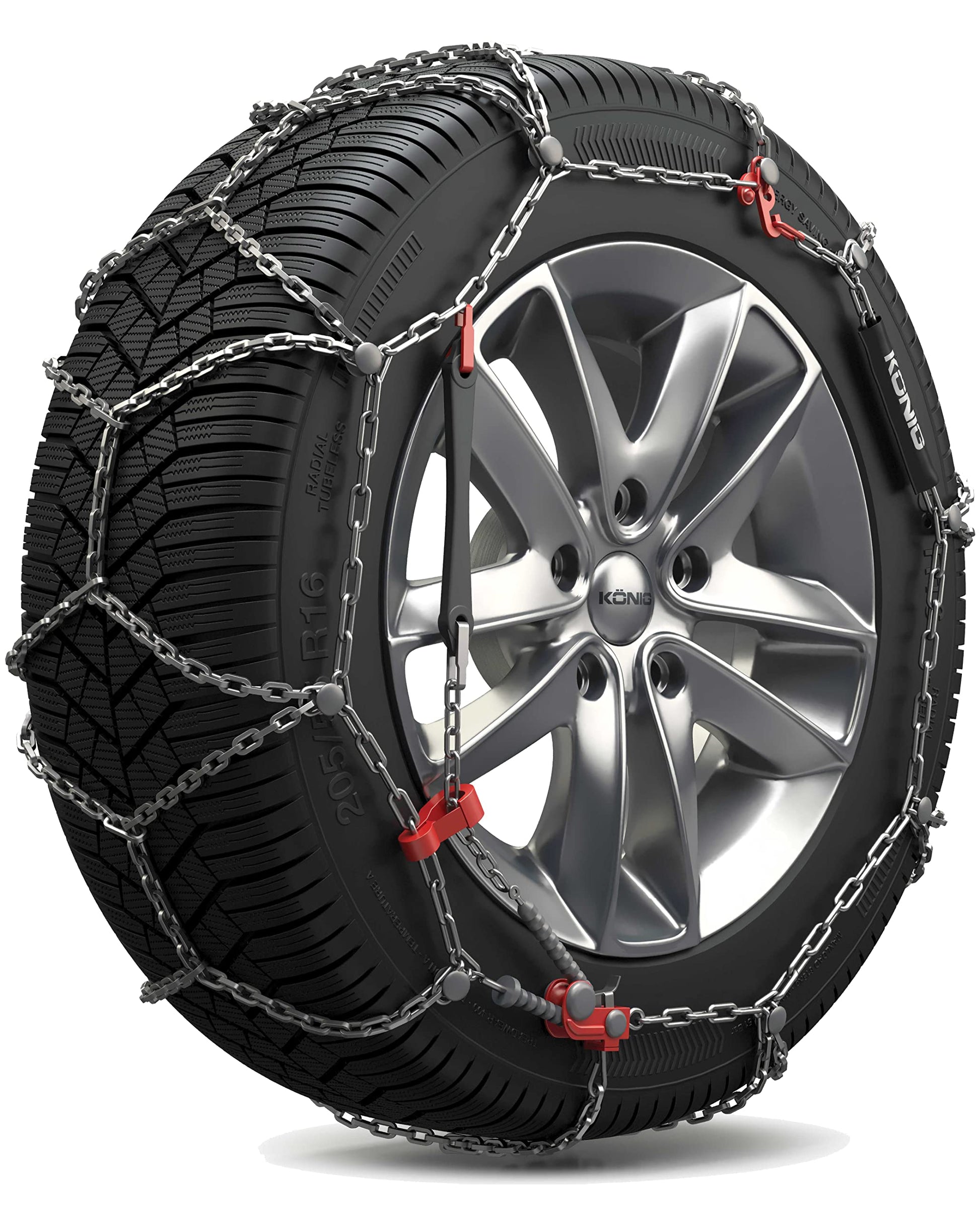 KÖNIG CD-9 104 Schneeketten – Für Personenwagen & SUV. Silberne Metallketten verbessern die Traktion auf Schnee und Eis.