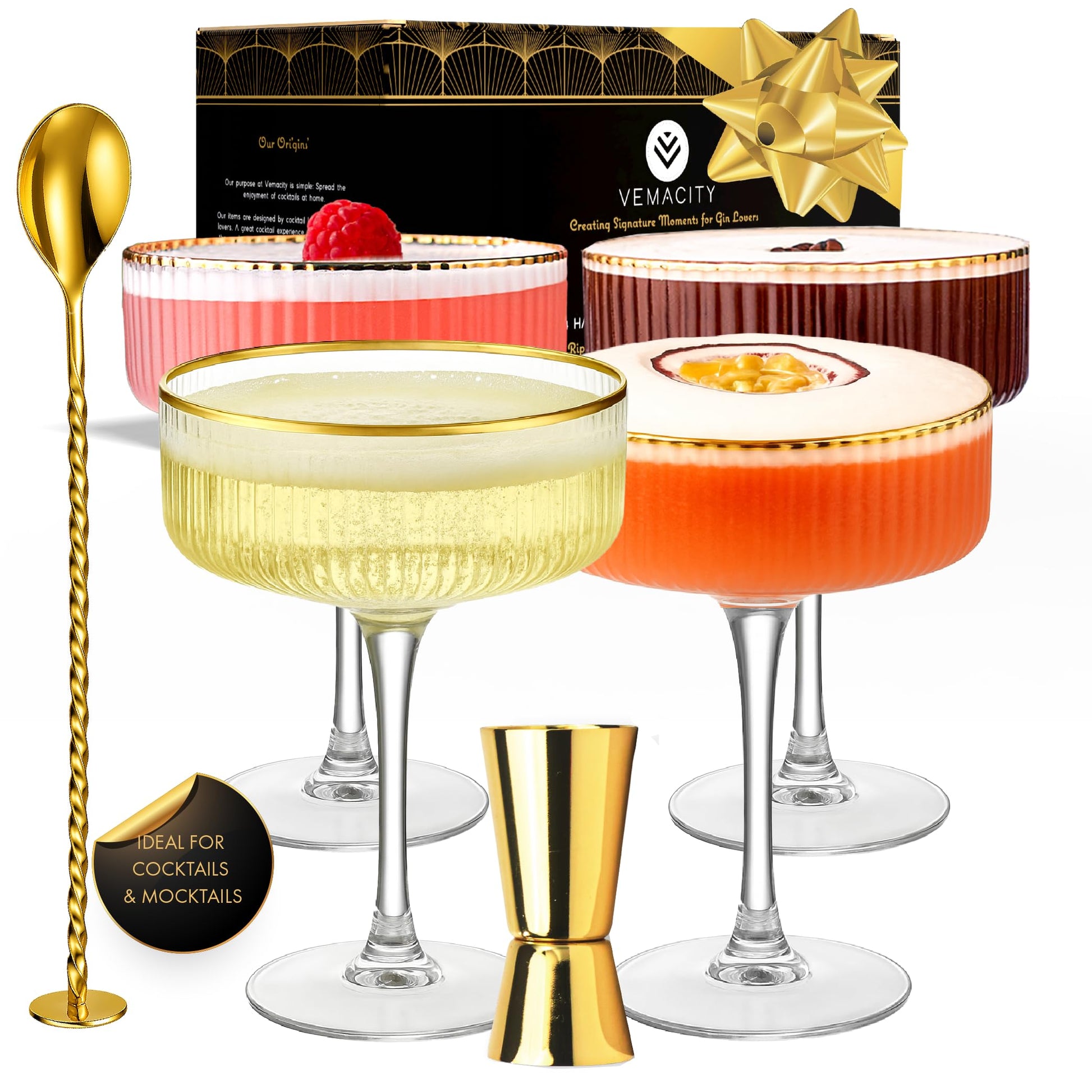 Vemacity Martini Gläser Set mit Goldrand, geripptes Glas, 300 ml – vier Stielgläser für Cocktails