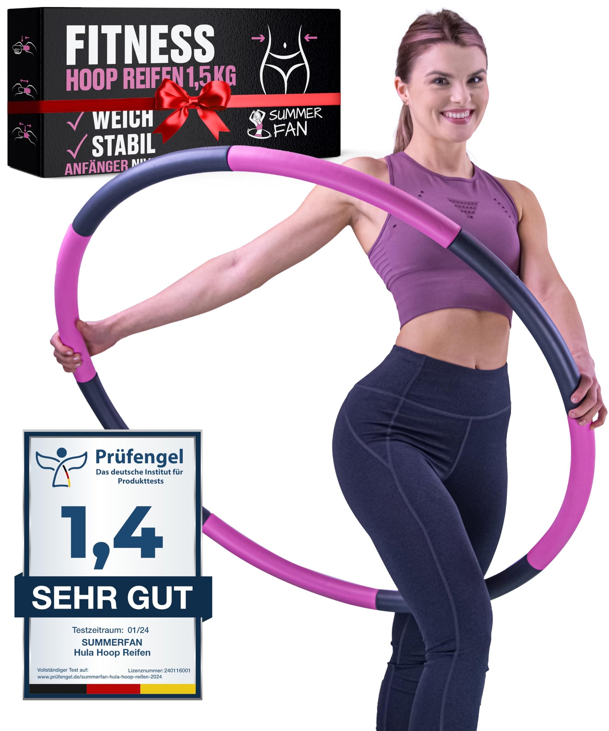 SummerFan Hula Hoop Reifen für Erwachsene 1,5 kg grössenverstellbar aus NBR Schaumstoff in Graphit-Purpur
