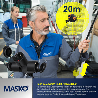 MASKO Automatik Kabeltrommel Verlängerungskabel 20m – 3-fach Wand