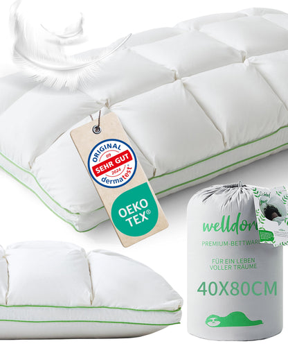 Welldora Premium Daunenfedern Kopfkissen ergonomisch 40x80 – mittelfest, weiß. Bietet ergonomische Kopf- & Nackenstütze.