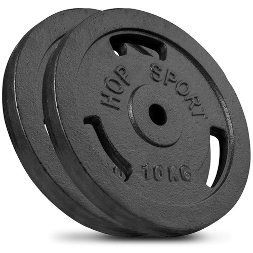 Hop-Sport Hantelscheiben Set Gusseisen 20 kg, 2 x 10 kg, 31 mm Loch – lackiert, mit Lochgriffen