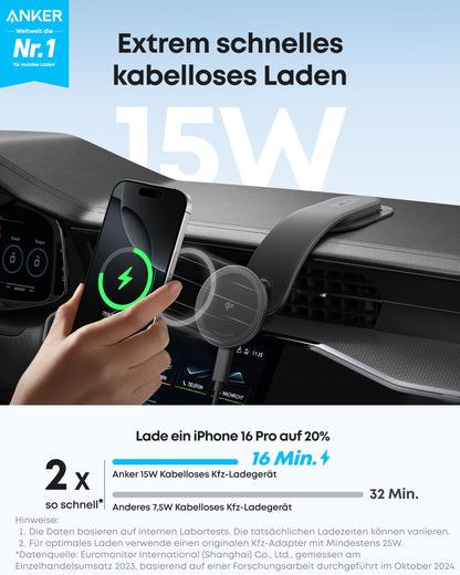 Anker Nano Kabelloses Kfz-Ladegerät Qi2 15W MagSafe mit Netzteil
