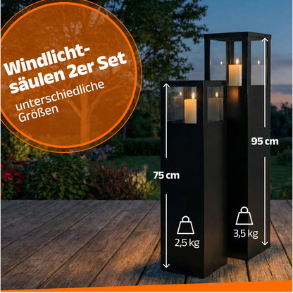 Bentson Windlichtsäule 2er Set, eckige Gartenlaterne, 95 + 75 cm