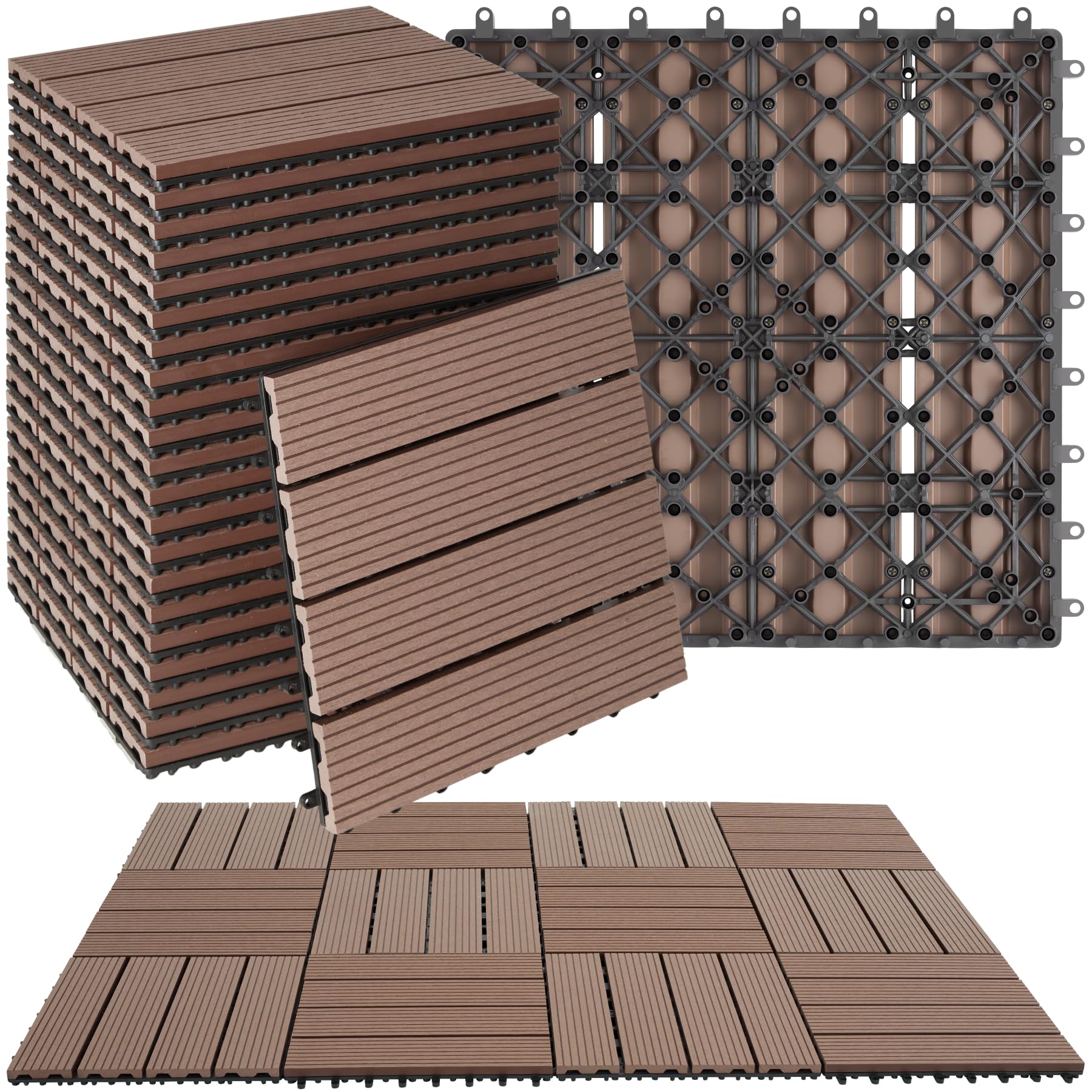 tectake WPC Holzfliesen Tegulas, 22er Set mit Klicksystem, braun – Bodenfliesen in Holzoptik mit Lamellenstruktur